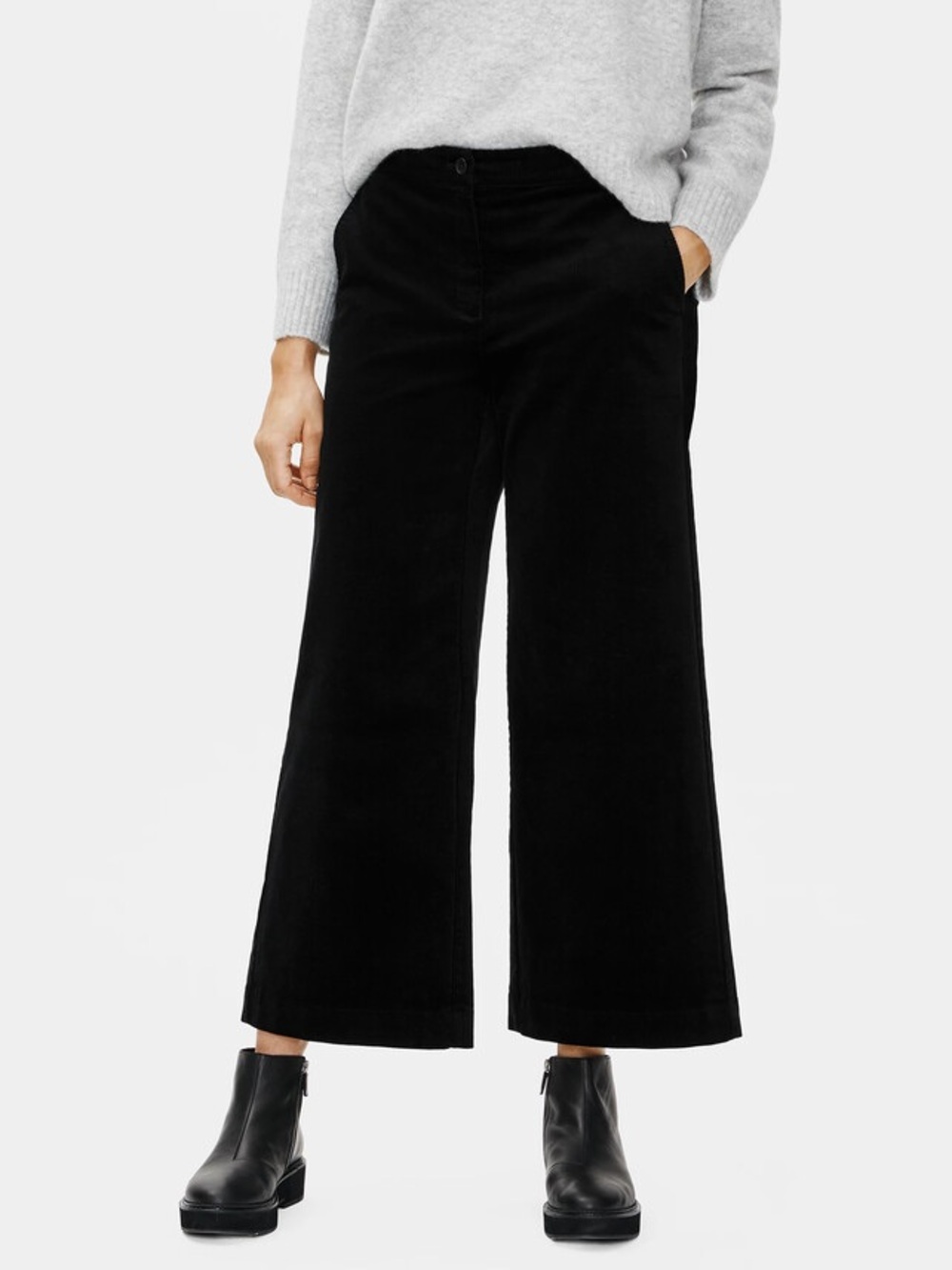 Eileen Fisher Corduroy Wide Leg Ankle Pant Black Size 16 Organic Cotton Velvety